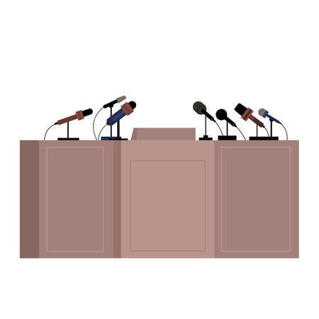 Press conference rostrum with microphones, flat vector illustration isolated.のイラスト素材