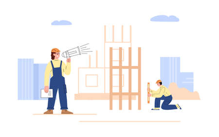 Civil engineer or foreman supervises the construction process with loudspeaker, flat vector illustration.のイラスト素材