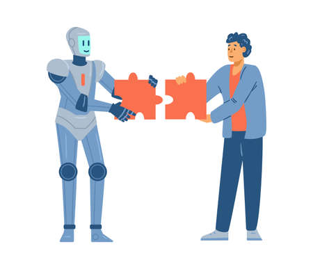 Futuristic robot solves jigsaw puzzle together with man at work, flat vector illustration isolated on white background.のイラスト素材