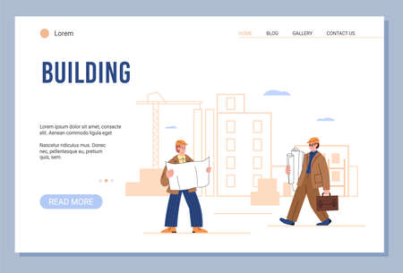 Building company website banner template flat cartoon vector illustration.のイラスト素材