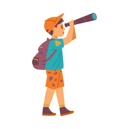 Cute child boy with backpack looks through the binocular, flat vector illustration isolated on white background.のイラスト素材
