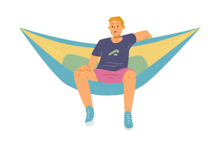 Relaxed man sits in hammock, flat vector illustration isolated on white background.のイラスト素材
