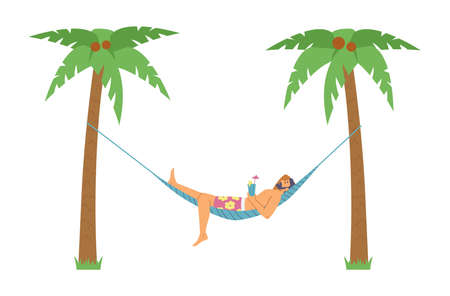 Summer vacation with man in hammock under palms, vector illustration isolated.のイラスト素材