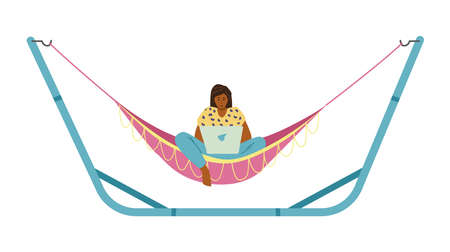 Woman works on laptop in hammock, flat vector illustration isolated on white background.のイラスト素材
