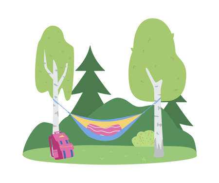 Hammock suspended between trees at camping, flat vector illustration isolated.のイラスト素材