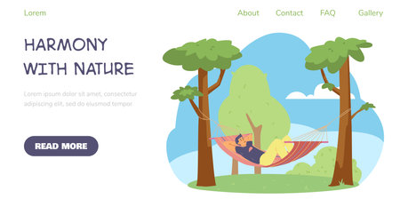 Man lays in hammock between trees, landing page template flat vector illustration on white.のイラスト素材