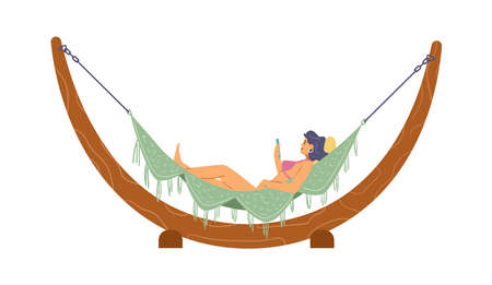 Woman in swimsuit relaxing in hammock, flat vector illustration isolated on white background.のイラスト素材