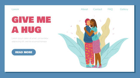 Website interface layout with hugging people, flat vector illustration.のイラスト素材