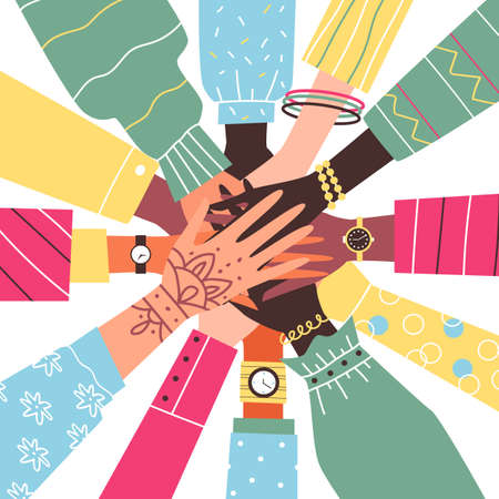 Diverse human hands joining together, flat vector illustration isolated.のイラスト素材