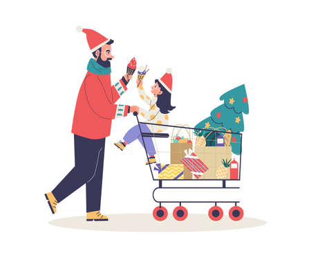 Father and child shopping for Christmas, flat vector illustration isolated.のイラスト素材