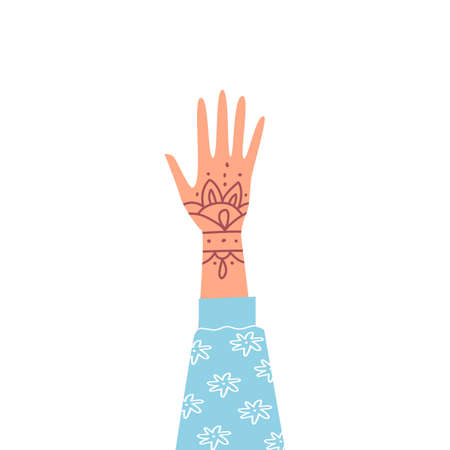 Indian raised hand with Mehndi mandala henna tattoo. Multicultural womans raised palm, solidarity and diversity symbolのイラスト素材
