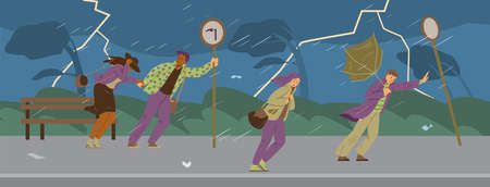 People walk through thunderstorm and rain on the street in the park, flat vector illustration.のイラスト素材