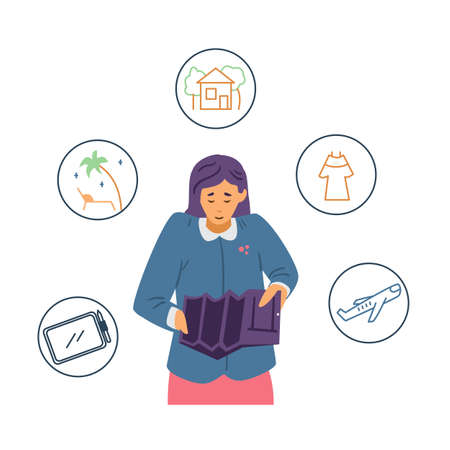 Woman has no money for current needs, flat cartoon vector illustration isolated.