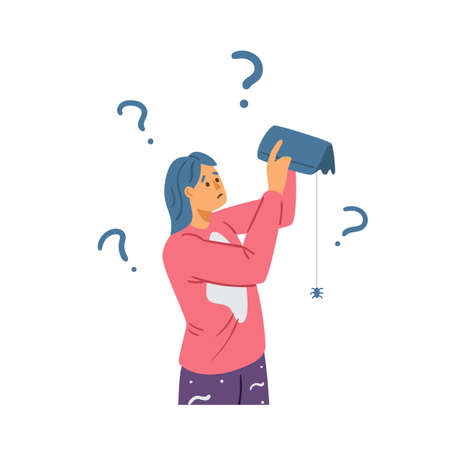 Woman shakes up empty wallet searches money, flat vector illustration isolated.のイラスト素材