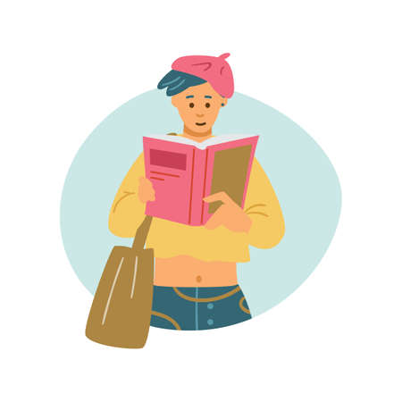 Woman student with book or magazine reading, flat vector illustration isolated.のイラスト素材