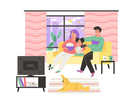 Family couple with child family watching TV, flat vector illustration isolated.のイラスト素材