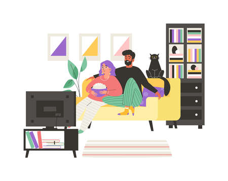 Couple watches TV with cat on the couch, flat vector illustration isolated on white background.のイラスト素材