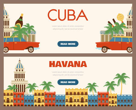 Cuba Havana travel tourism posters or flyers set, flat vector illustration.のイラスト素材