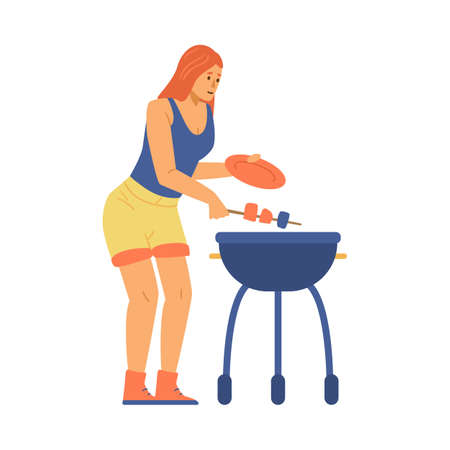 Woman cooks food on grill, flat vector illustration isolated on white background.のイラスト素材