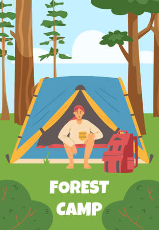 Woman with cup of tea or coffee sits in the tent and relaxes at forest camp, poster template - flat vector illustration.のイラスト素材