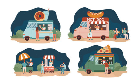 Food market at night, people buy meal and eat at van or truck - flat vector illustration isolated on white background.のイラスト素材