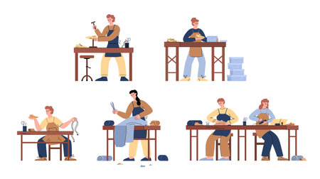 Shoemakers set of footwear manufacturing, flat vector illustration isolated.のイラスト素材