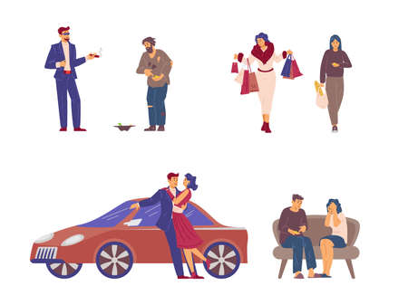 Rich and poor characters collection, homeless beggars and millionaires, flat vector illustration isolated on white background. People of different social groups.のイラスト素材