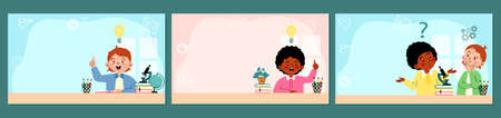 Banners or flyers with studying kids, flat cartoon vector illustration.のイラスト素材