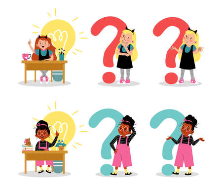 Pensive kids thinking and finding decision, flat vector illustration isolated.のイラスト素材