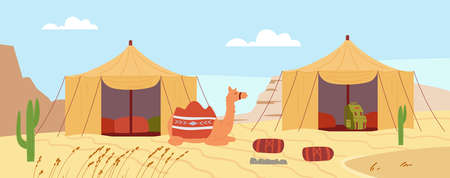 Bedouin camp in sandy desert for tourists with tents flat vector illustration.のイラスト素材
