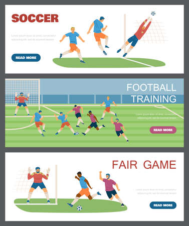 Soccer game and football training with players kick and catch ball - horizontal posters set, flat vector illustration.のイラスト素材