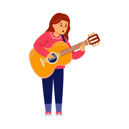Teen girl wearing jeans is playing guitar and sing a country song, isolated on white background. Vector illustration.のイラスト素材