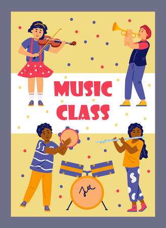 Children music class cartoon vector poster. Black and white boys learning how to play violin, trumpet and flute.のイラスト素材