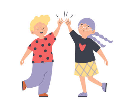 Blonde boy and girl give high five with their hands. Cute kids celebrate by doing hi five. Cartoon vector illustration.のイラスト素材