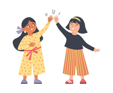 Cute kids girls smile and give each other high five, flat vector illustration isolated on white background.のイラスト素材