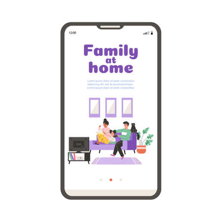 Family at home recreation onboarding page mockup, flat vector illustration.のイラスト素材