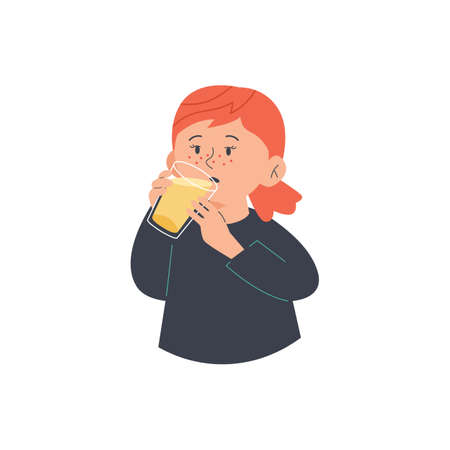 Child drinking orange juice holding glass, flat vector illustration isolated.のイラスト素材