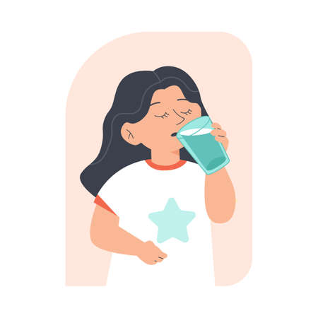 Little girl drinks water from glass cup, flat vector illustration isolated on white background.のイラスト素材