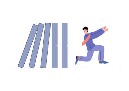 Businessman runs away from falling dominoes flat vector illustration isolated.のイラスト素材
