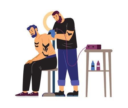 Tattoo master applying tattoo on clients back, flat vector illustration isolated.のイラスト素材