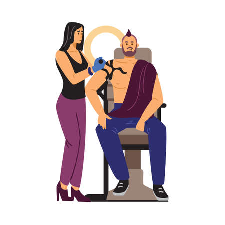 Woman tattooing mans arm with professional tattoo machine, flat vector illustration isolated on white background.のイラスト素材