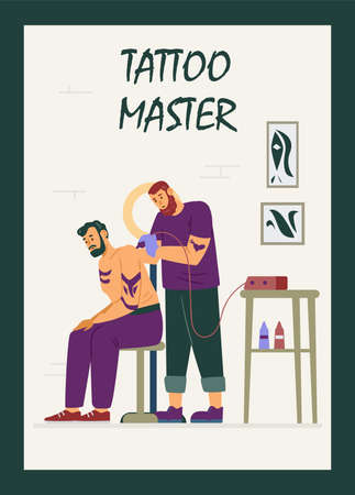 Tattooing process in professional salon or studio, poster template - flat vector illustration.のイラスト素材
