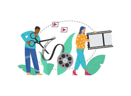Video editors and motion designers team flat vector illustration isolated.のイラスト素材