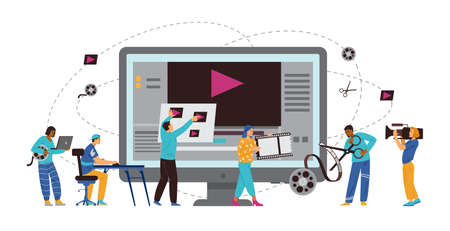 Motion designers and animators creating video, flat vector illustration.のイラスト素材