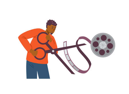 Motion designer or video editor cutting film tape vector illustration isolated.のイラスト素材