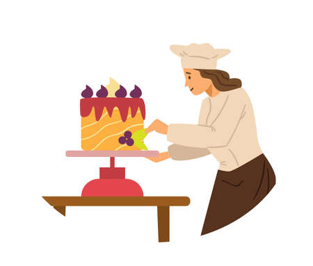 Professional confectioner decorates huge cake flat vector illustration isolated.