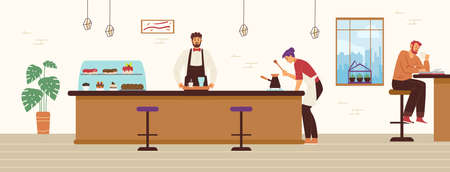 Coffee shop with barista and client drinking coffee, flat vector illustration.のイラスト素材