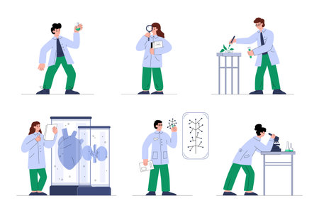 Bioengineers or researchers characters set, flat vector illustration isolated.のイラスト素材