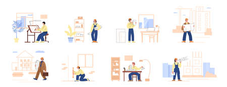 Architectural work process from blueprint to building construction, flat vector illustration isolated on white.のイラスト素材