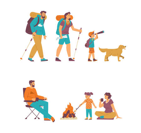 Family on hiking trip and camping adventure, flat vector illustration isolated.のイラスト素材